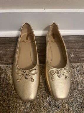 Sam Edelman Meadow Metallic Gold Square-Toe Ballet Flats with Bow 8.5